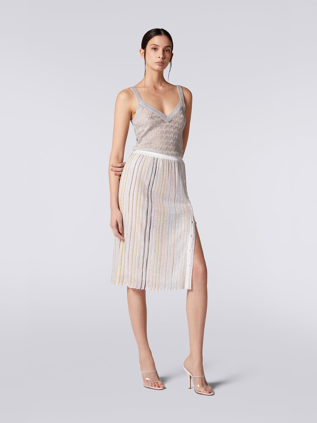 Longuette skirt with side buttoning, White & Multicoloured   - DS23SH0CBK021NS0178 - 1
