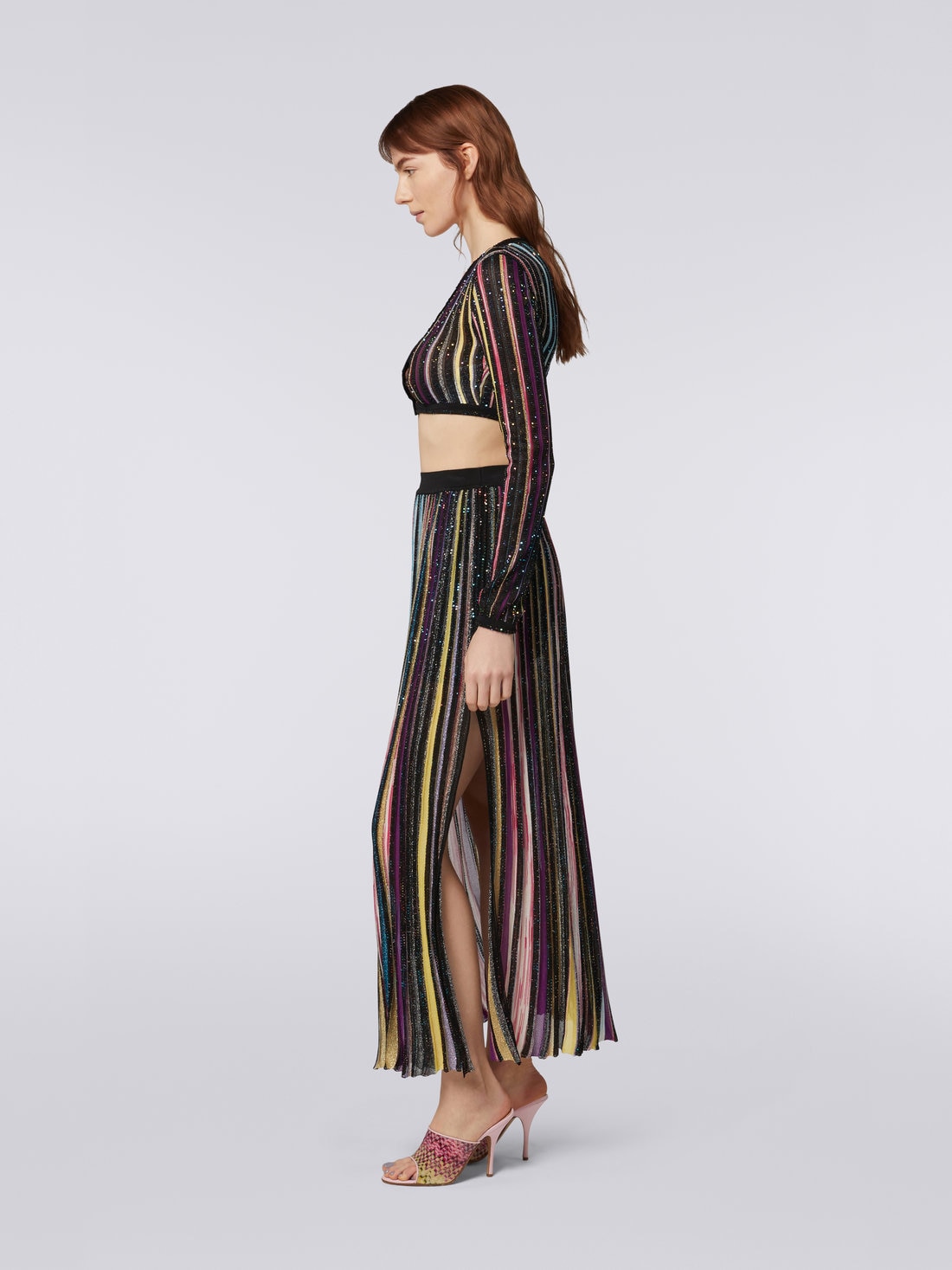Pleated long skirt with sequins, Black & Multicoloured - DS23SH1LBK023RS91E3 - 2