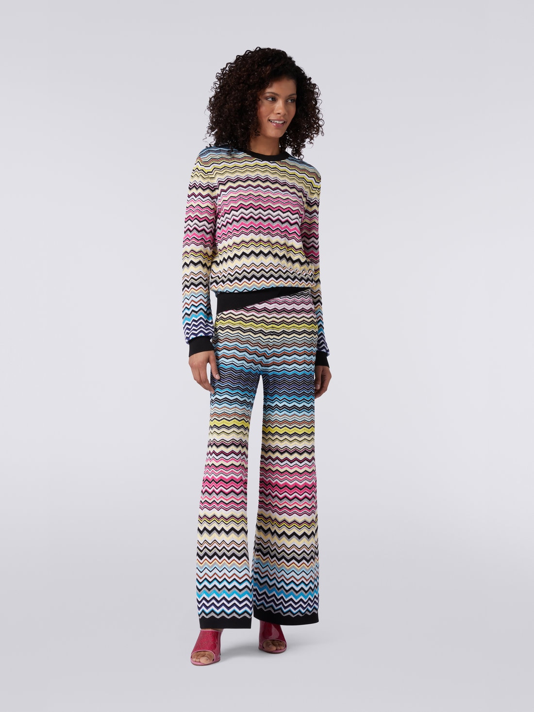 Pantaloni dritti in cotone e viscosa con chevron multicolore, Multicolore - 8051575727368 - 1