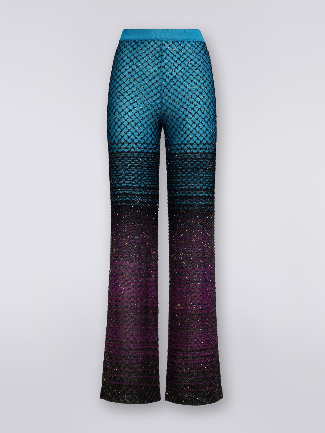 Pantaloni svasati in maglia a rete con paillettes, Turchese, Viola & Nero - DS23SI0ZBK022ISM8NJ - 0