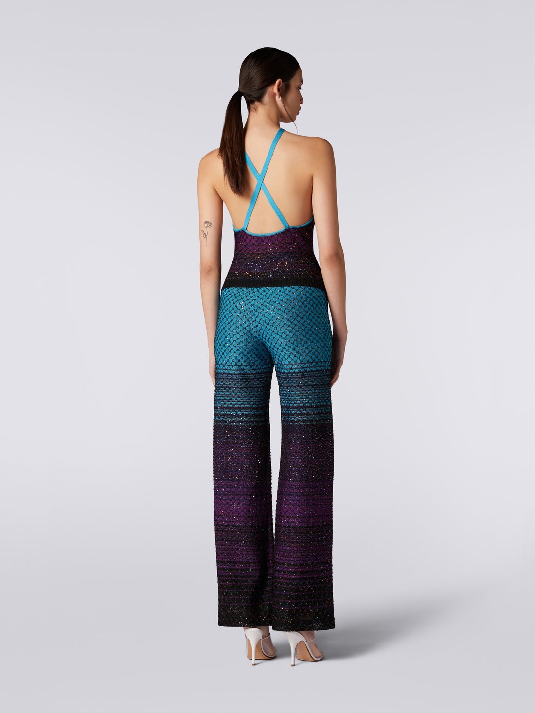 Pantalon évasé en maille pailletée, Turquoise, Violet & Noir - DS23SI0ZBK022ISM8NJ - 3