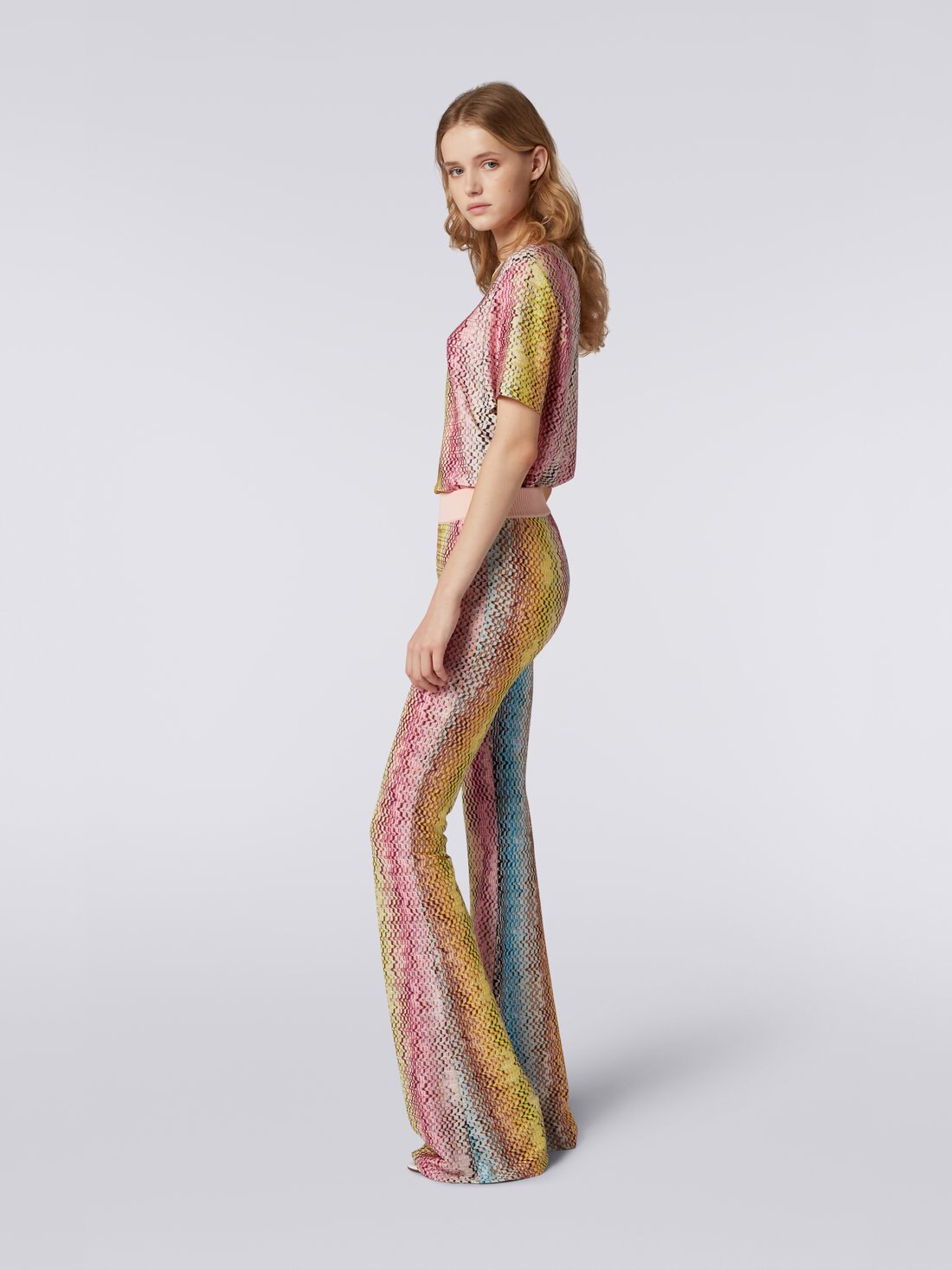 Viscose flared trousers with multicoloured Greek fret print, Multicoloured - 8051575709104 - 2