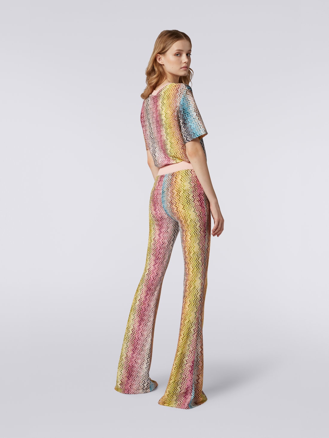 Viscose flared trousers with multicoloured Greek fret print, Multicoloured - 8051575709104 - 3