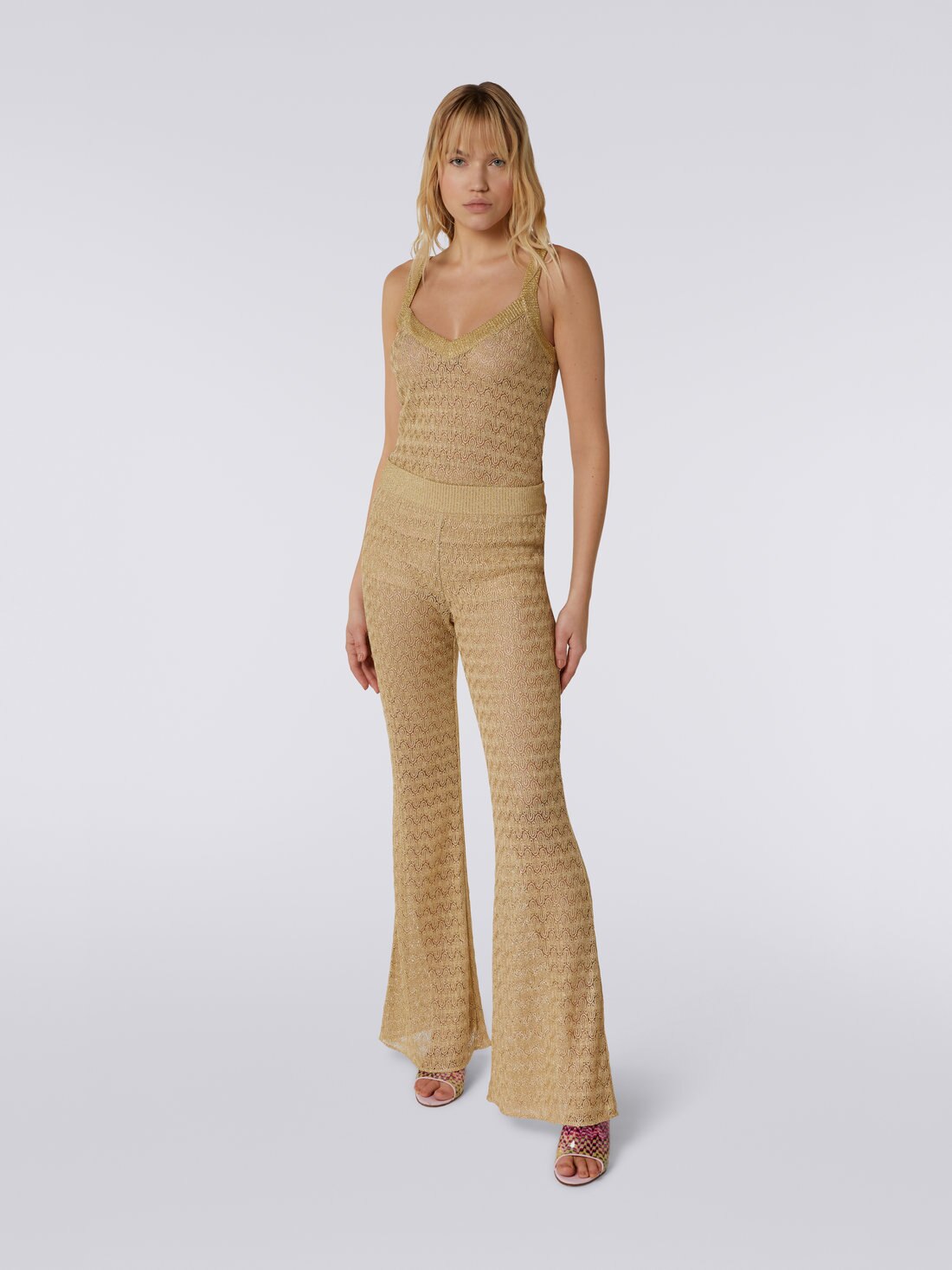 Pantalon évasé en maille de viscose mélangée, Ocre & Jaune Lamé - DS23SI16BR00JVS109F - 1