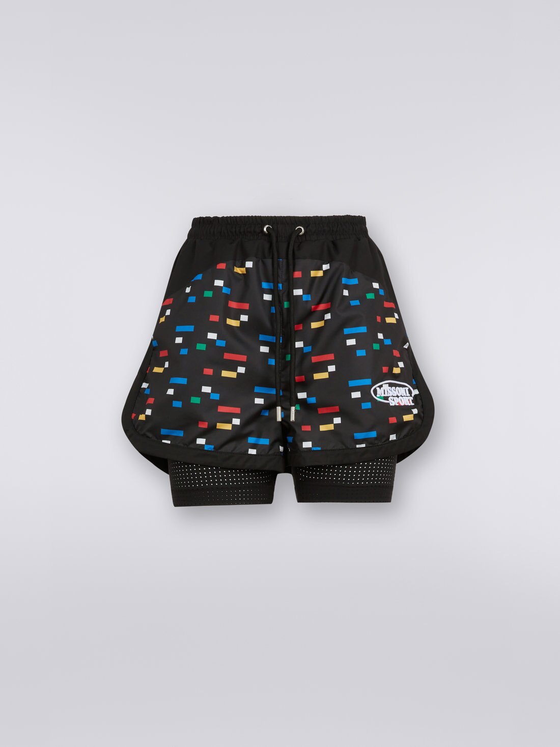 Shorts in technical fabric with pixel print, Black & Multicoloured  - 0