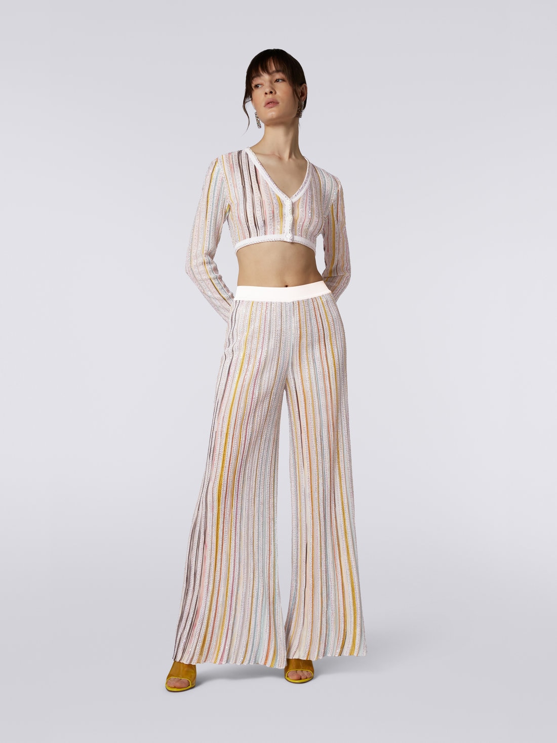 Striped palazzo trousers with sequins, White & Multicoloured   - DS23SI1WBK023RS0178 - 1