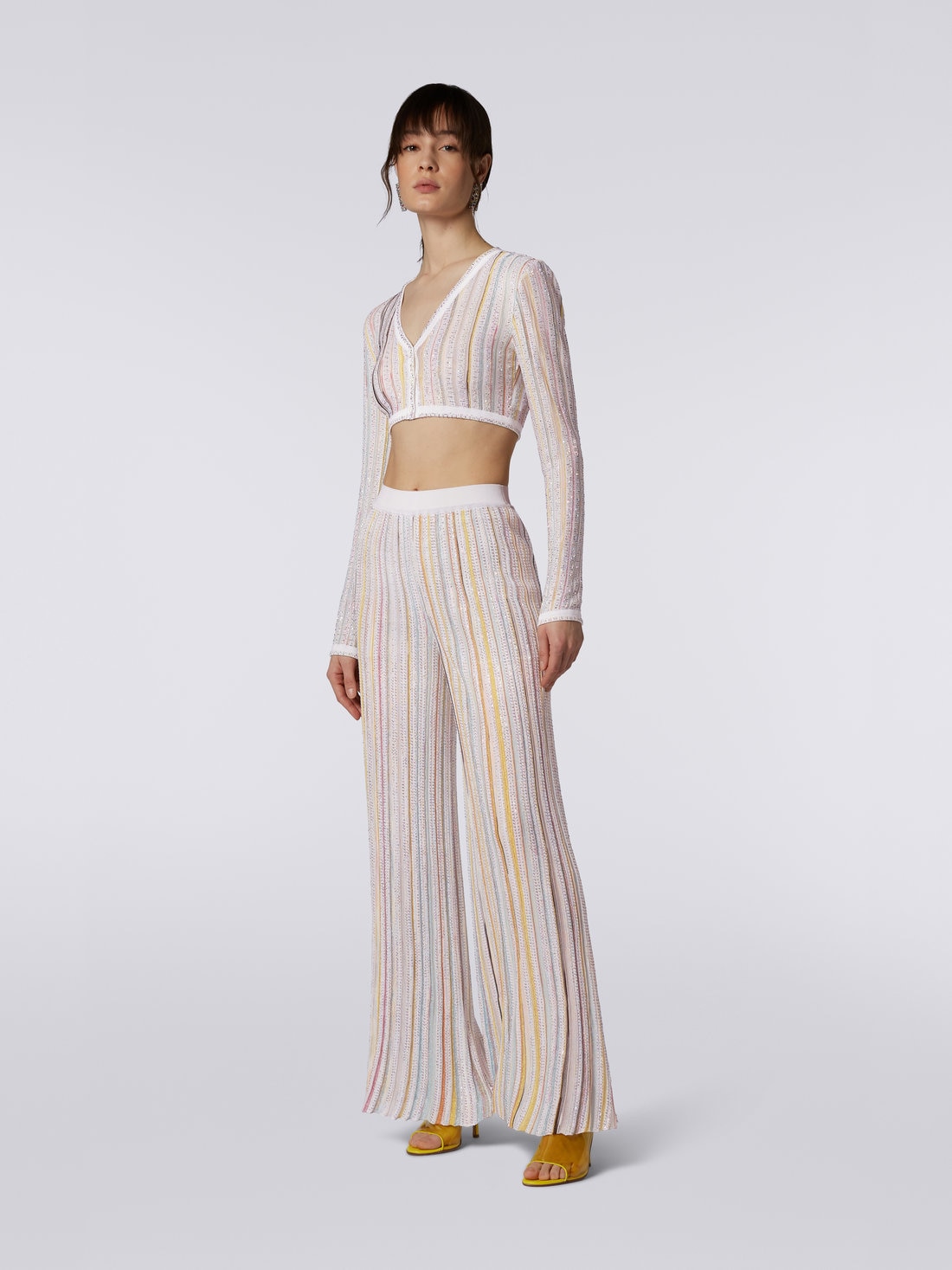 Striped palazzo trousers with sequins, White & Multicoloured   - DS23SI1WBK023RS0178 - 2