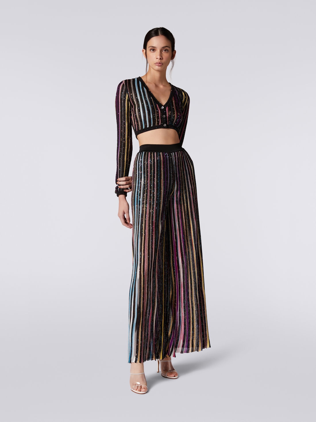 Striped palazzo trousers with sequins, Black & Multicoloured - DS23SI1WBK023RS91E3 - 1