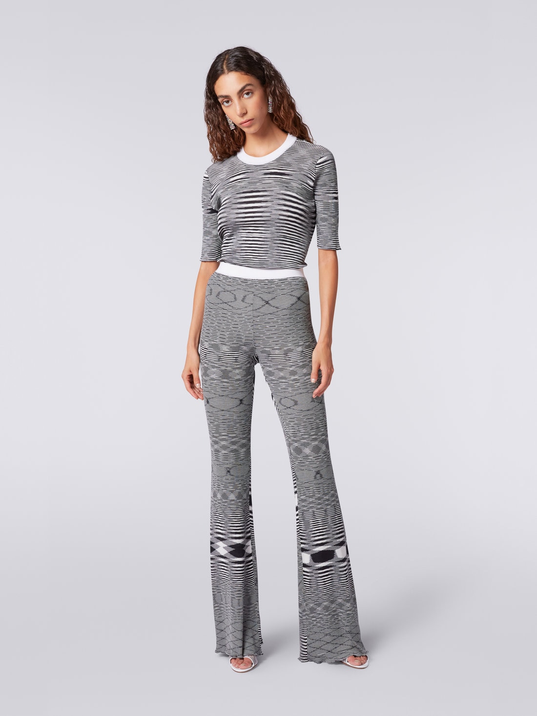 Slub cotton and viscose flared trousers, Black & White - 8051575709340 - 1