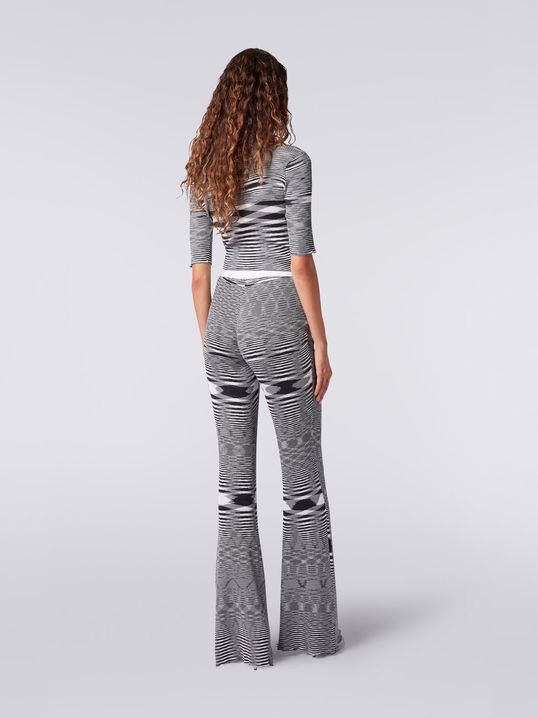Slub cotton and viscose flared trousers, Black & White - 8051575709340 - 3