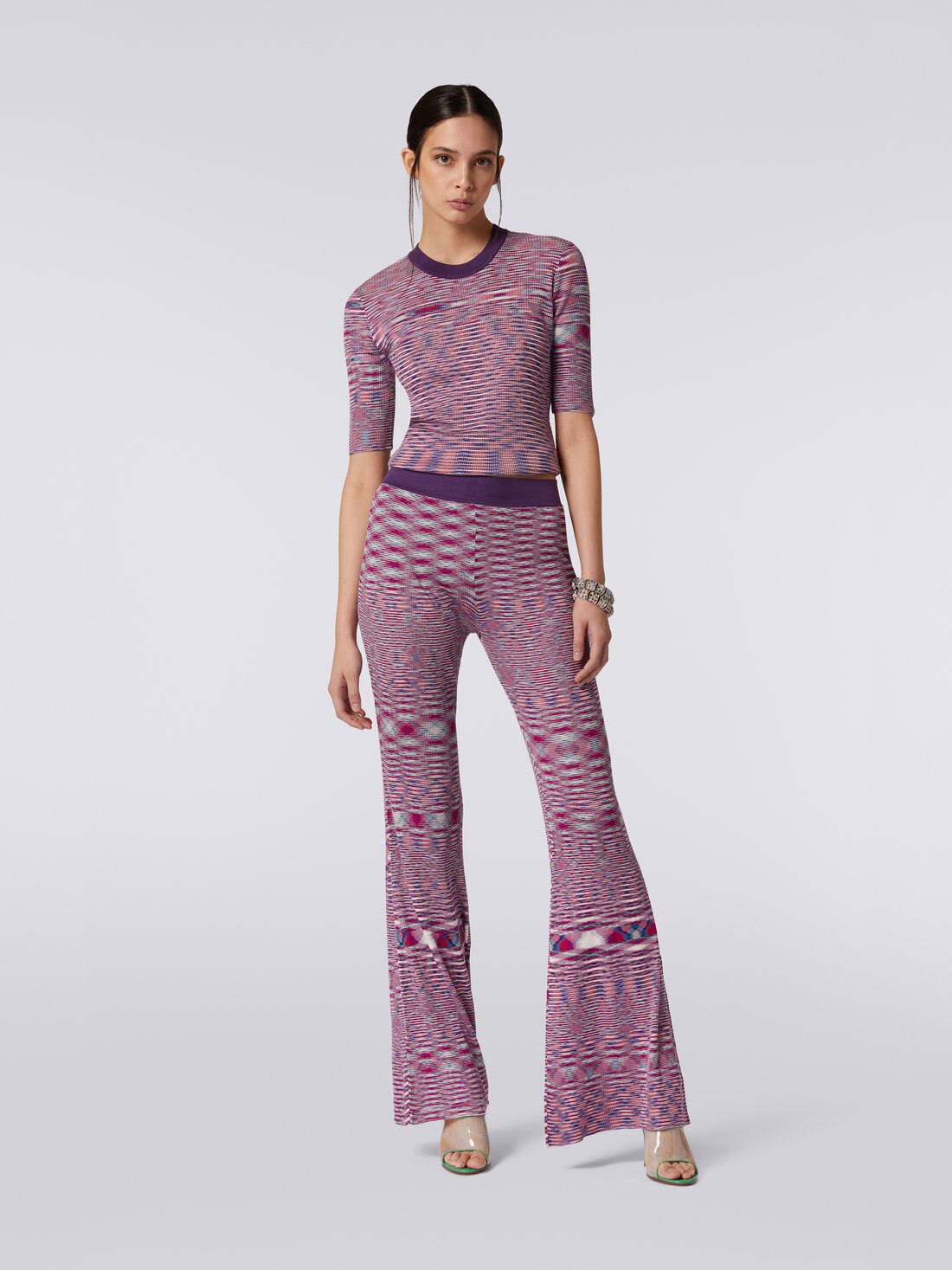 Slub cotton and viscose flared trousers, Multicoloured - DS23SI1XBK020KFM11Z - 1