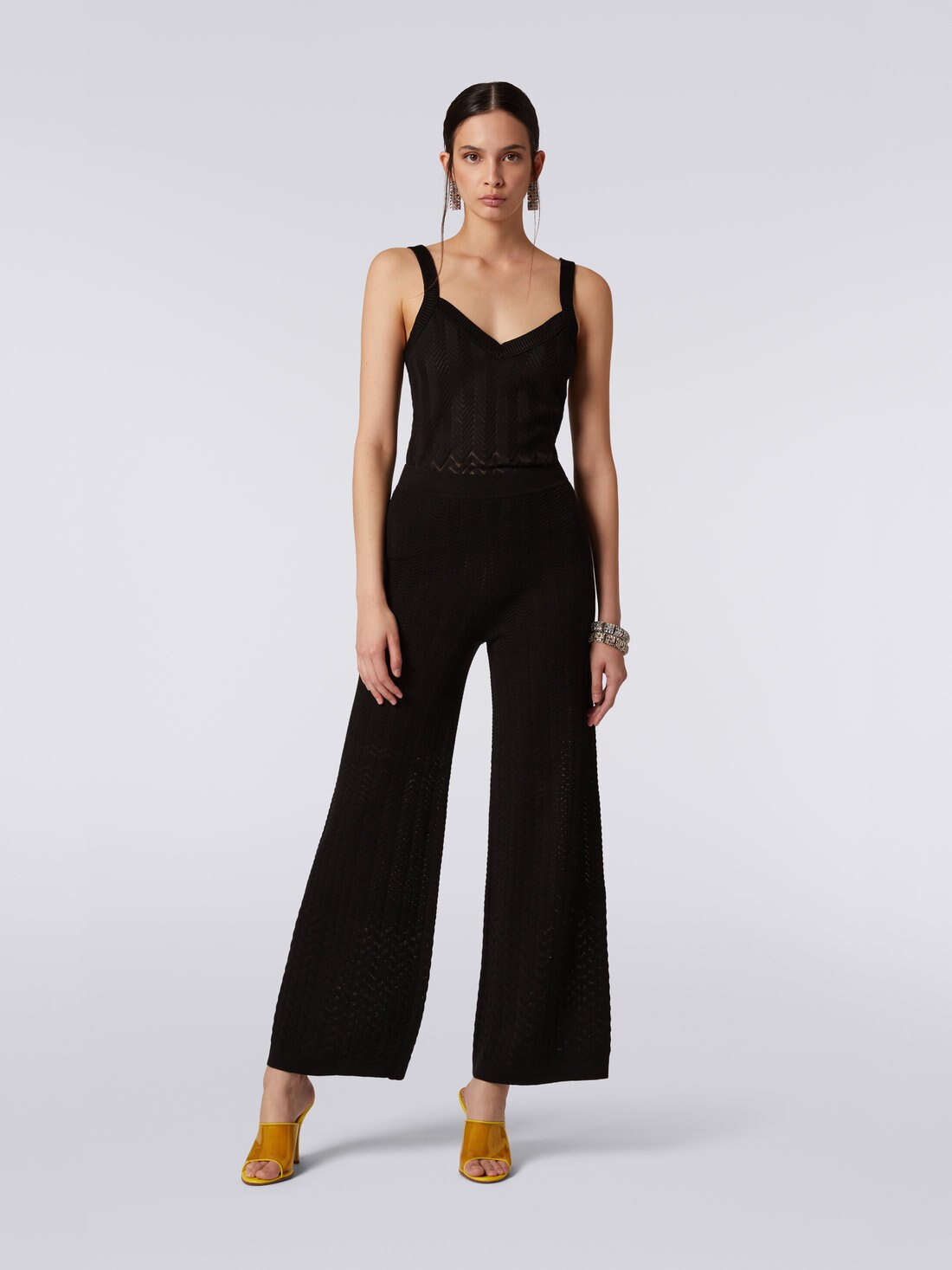Straight knit trousers with tone-on-tone chevron, Black    - 8051575727900 - 1