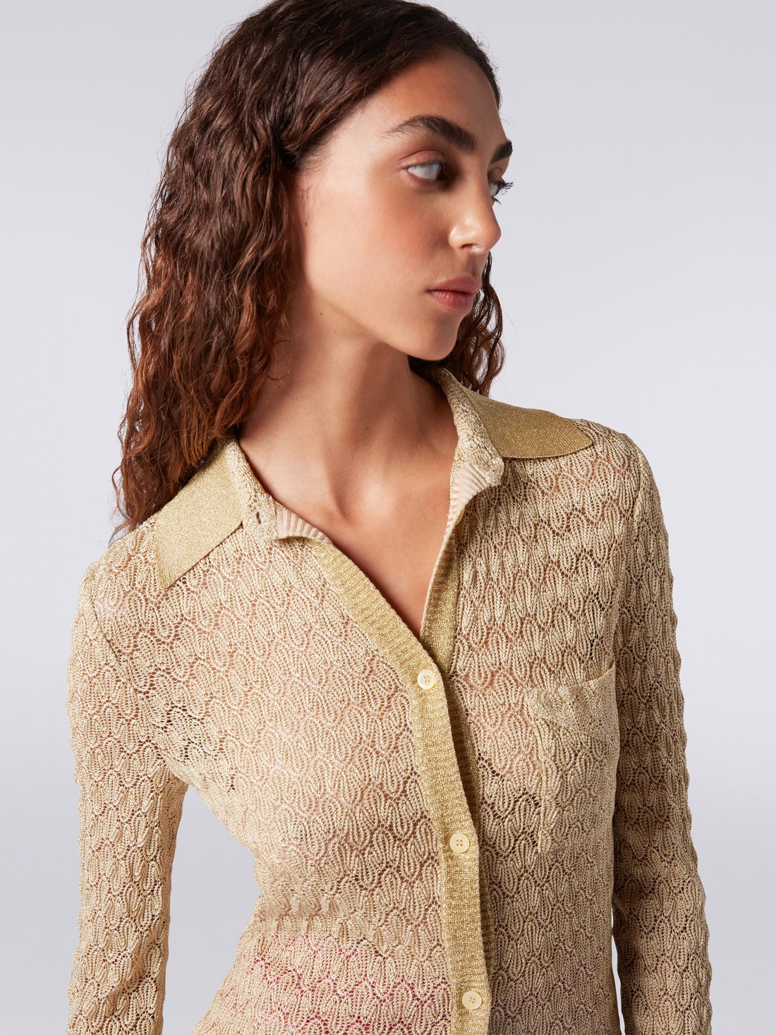 Viscose blend lace effect shirt with lamé, Ochre & Yellow Lamé - DS23SJ02BR00JVS109F - 4