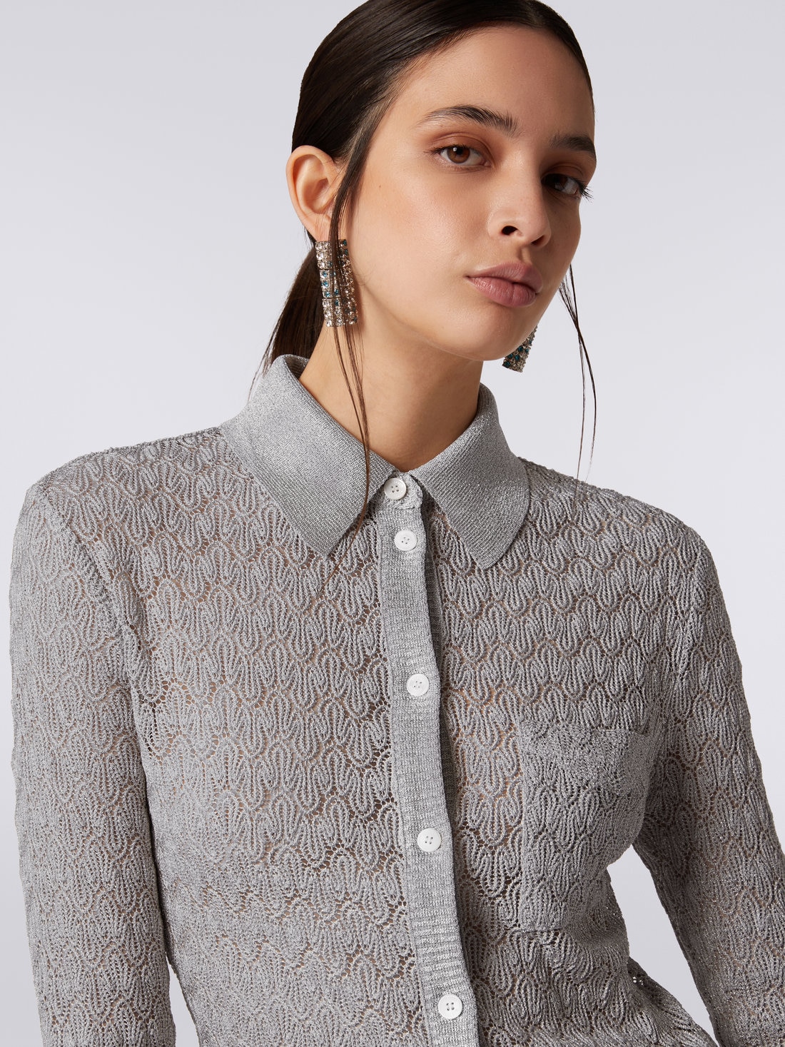 Viscose blend lace effect shirt with lamé, Silver & Grey Lamé - DS23SJ02BR00JVS91D8 - 4