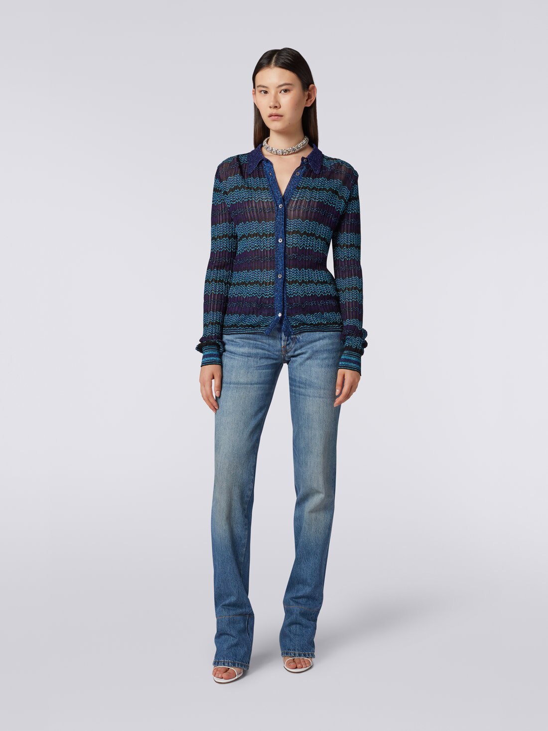 Camicia con lavorazione jacquard e lamé, Blu, Turchese & Nero - 8051575743924 - 1