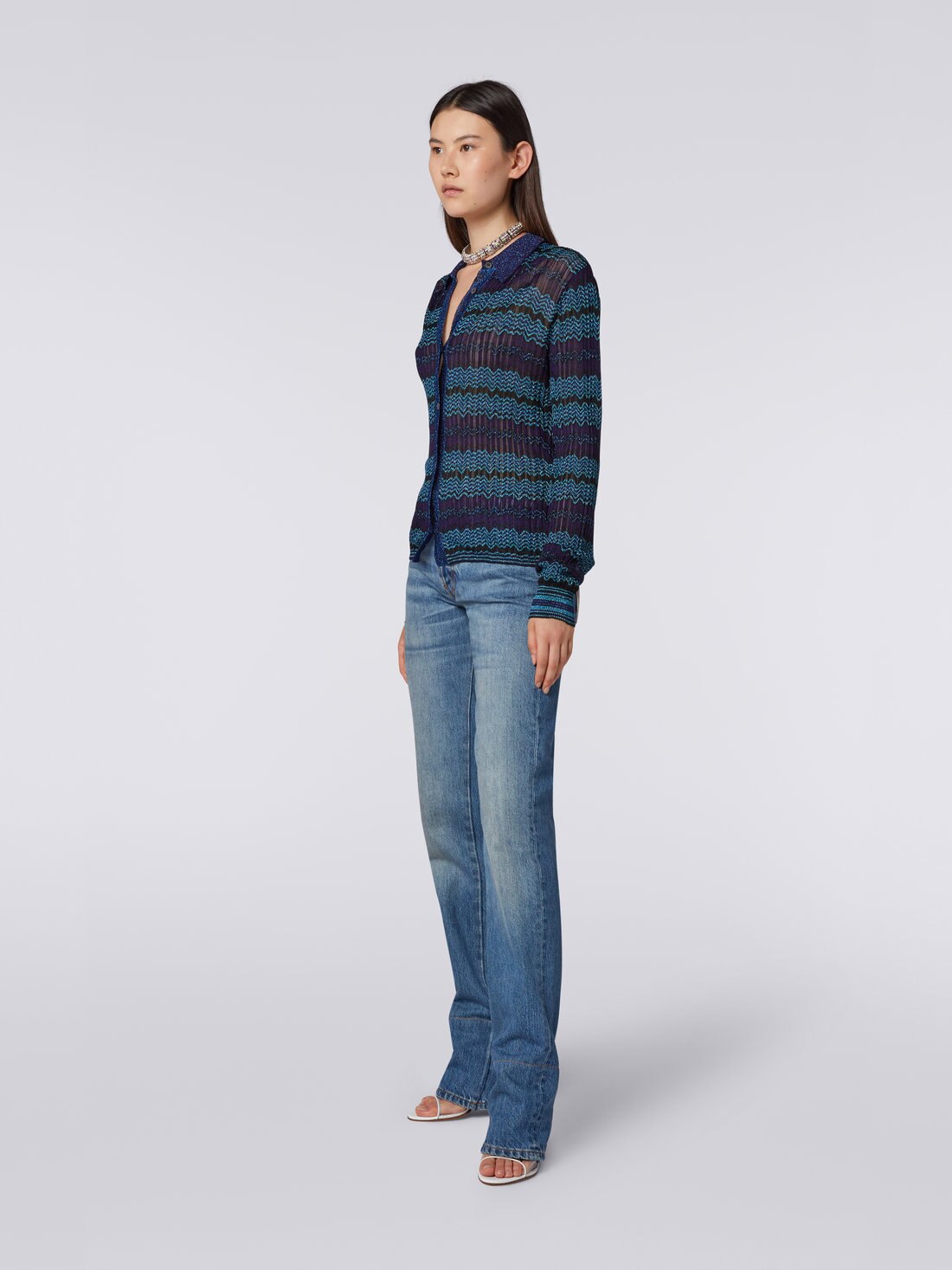 Camicia con lavorazione jacquard e lamé, Blu, Turchese & Nero - 8051575743924 - 2