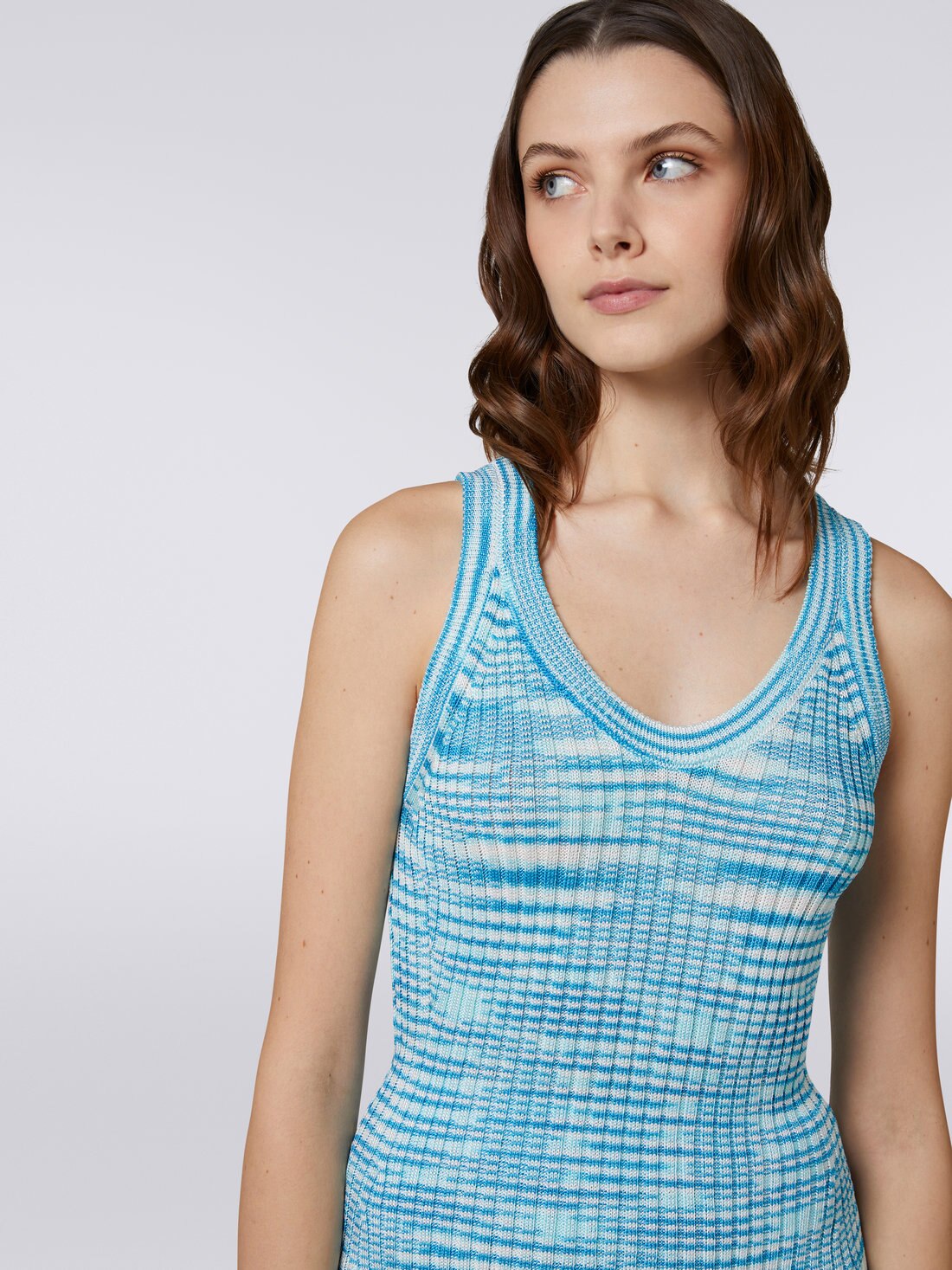 Ribbed slub viscose blend tank top Turquoise, Sky Blue & White