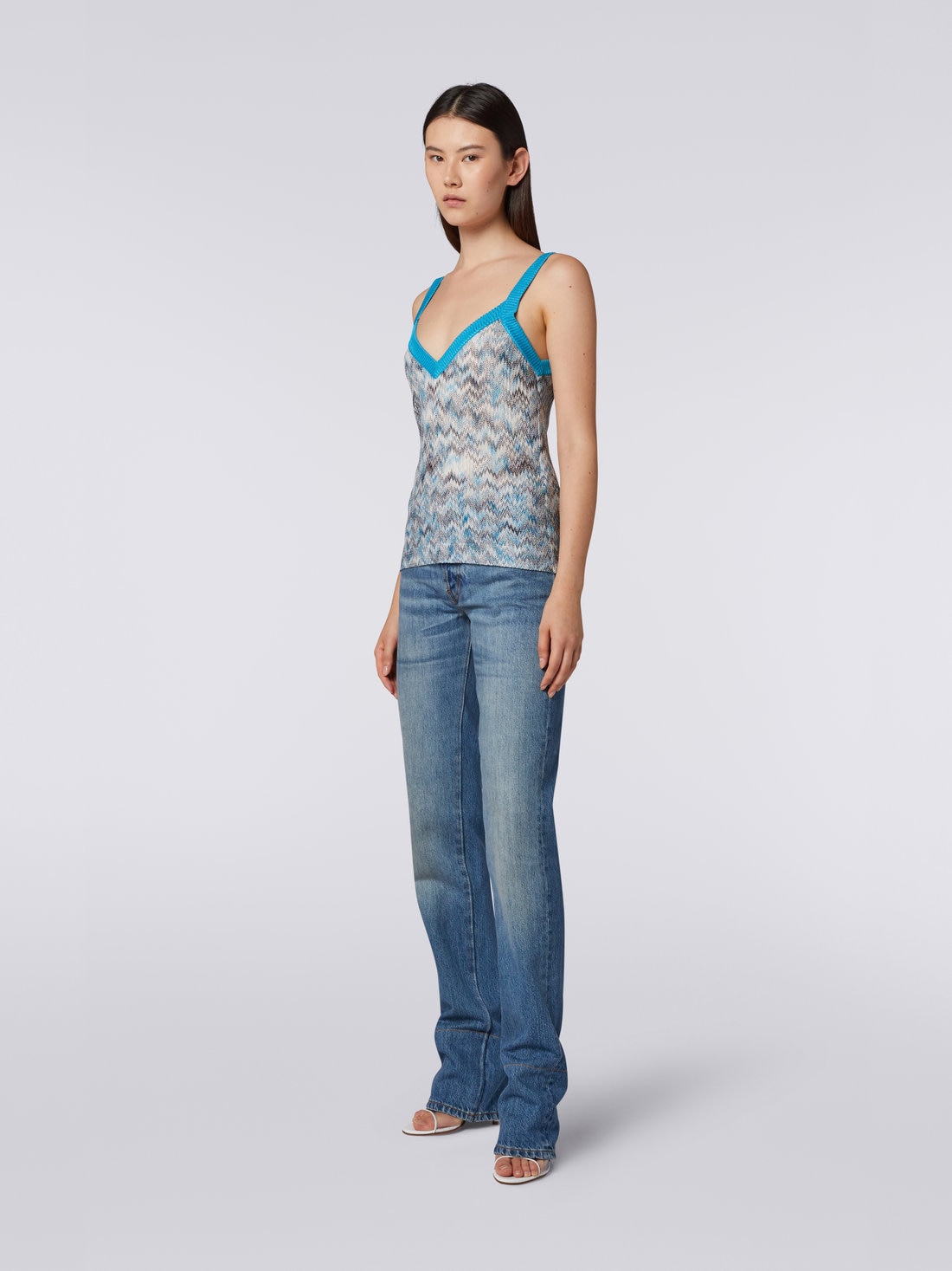 Mehrfarbiges Tank Top aus Viskose mit einfarbigem Abschluss, Mehrfarbig  - 8051575695865 - 2