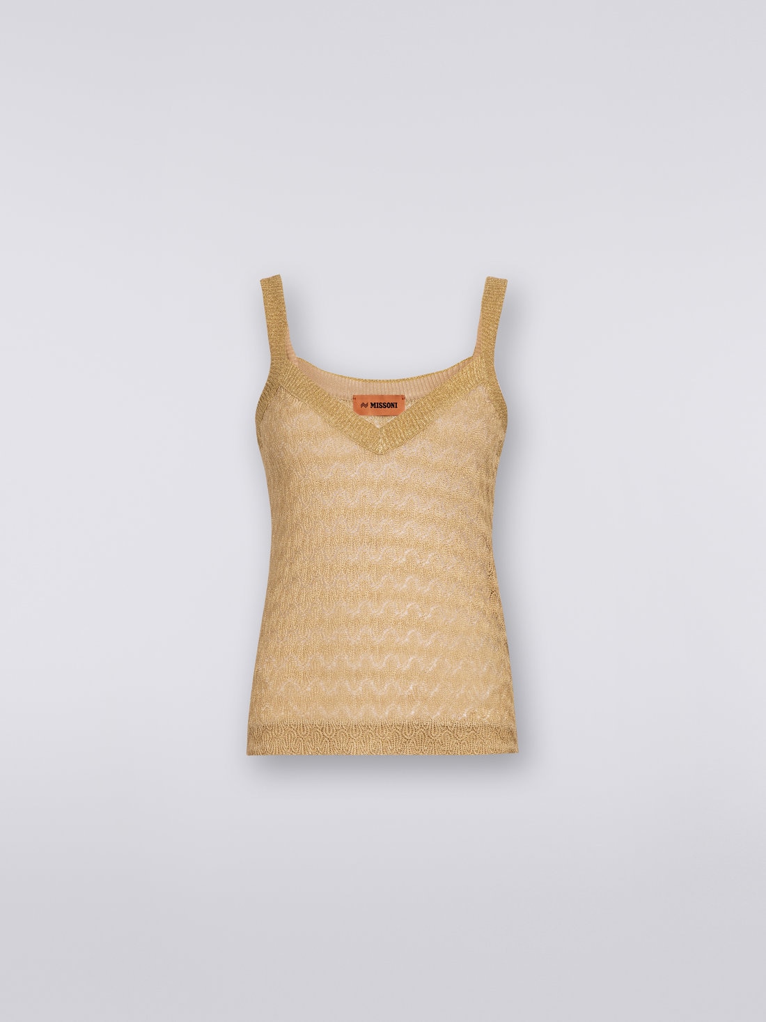 Lace-effect knitted tank top with lamé, Ochre & Yellow Lamé - DS23SK0GBR00JVS109F - 0