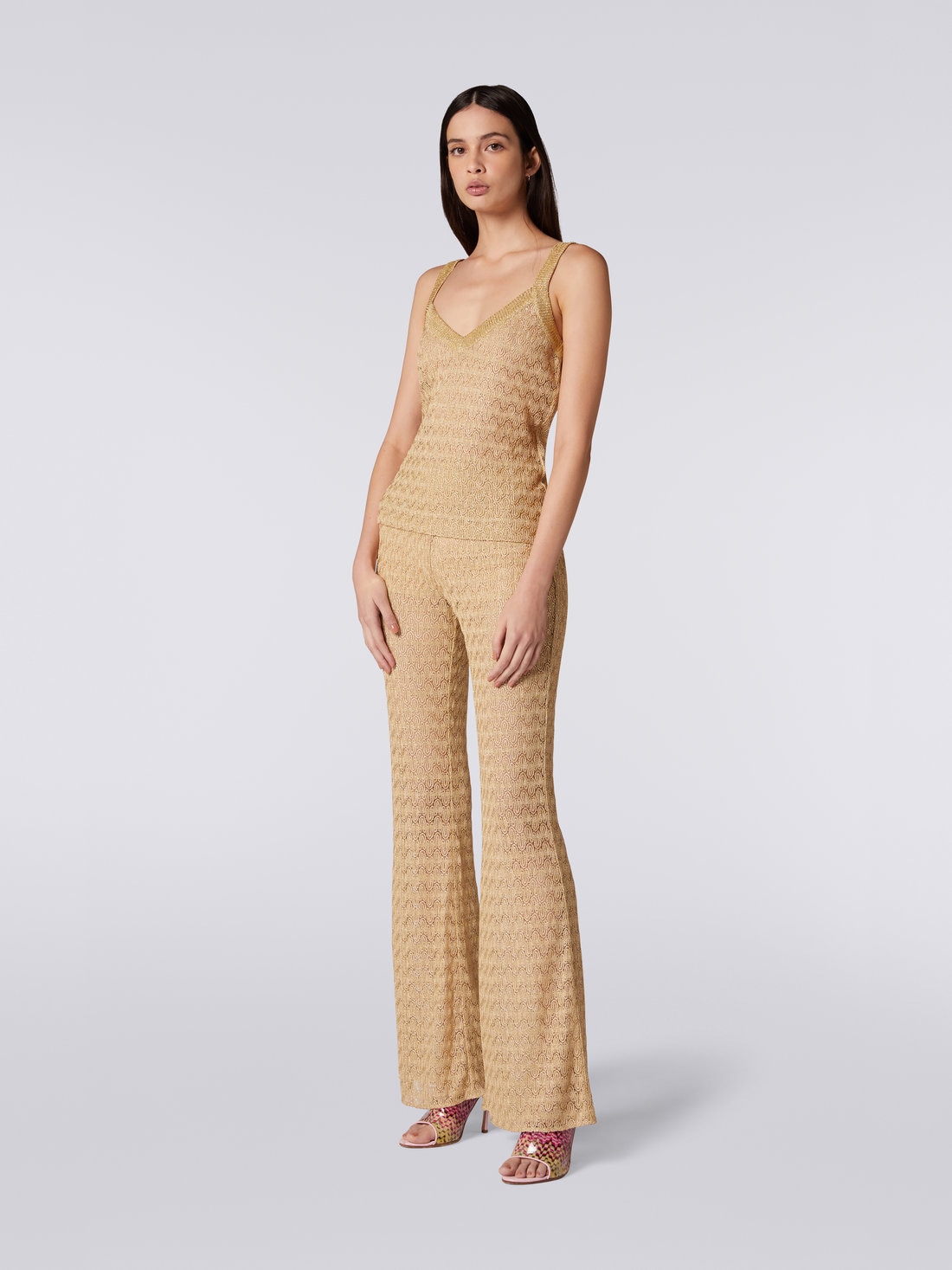 Lace-effect knitted tank top with lamé, Ochre & Yellow Lamé - DS23SK0GBR00JVS109F - 2
