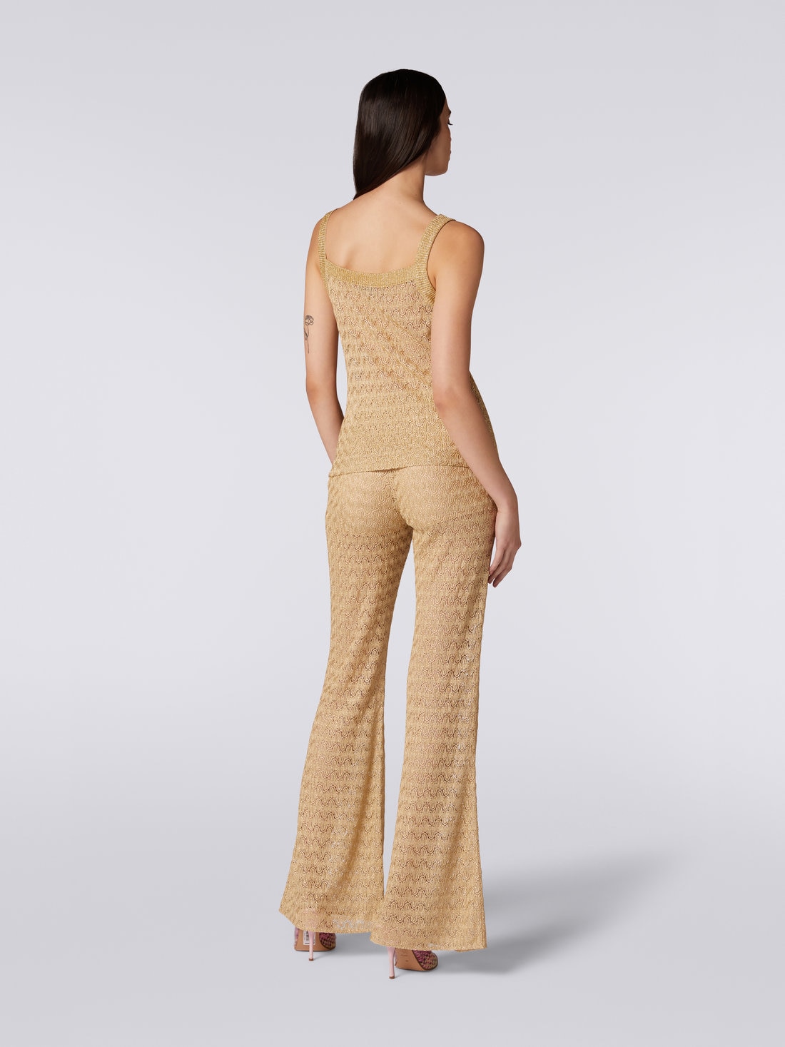 Lace-effect knitted tank top with lamé, Ochre & Yellow Lamé - DS23SK0GBR00JVS109F - 3