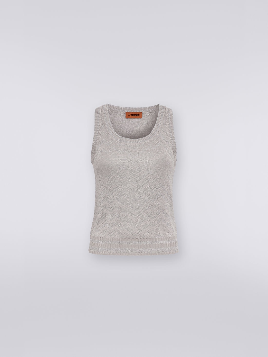 Tank Top aus Viskosemischgewebe mit Ton-in-Ton-Chevronmuster und Lamé, Silber   - DS23SK27BK021PS91DI - 0