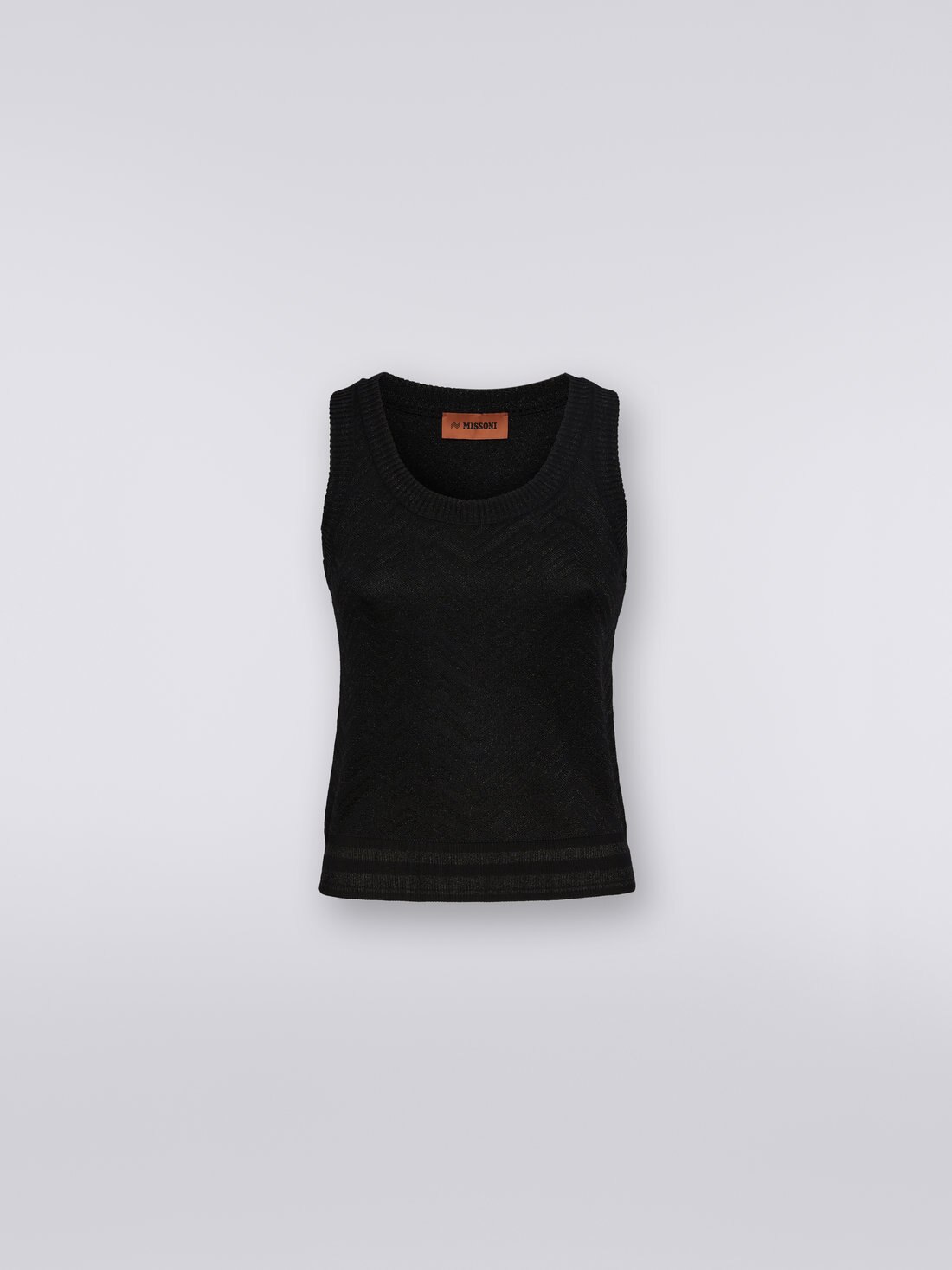 Tank Top aus Viskosemischgewebe mit Ton-in-Ton-Chevronmuster und Lamé, Schwarz    - DS23SK27BK021PS91ED - 0