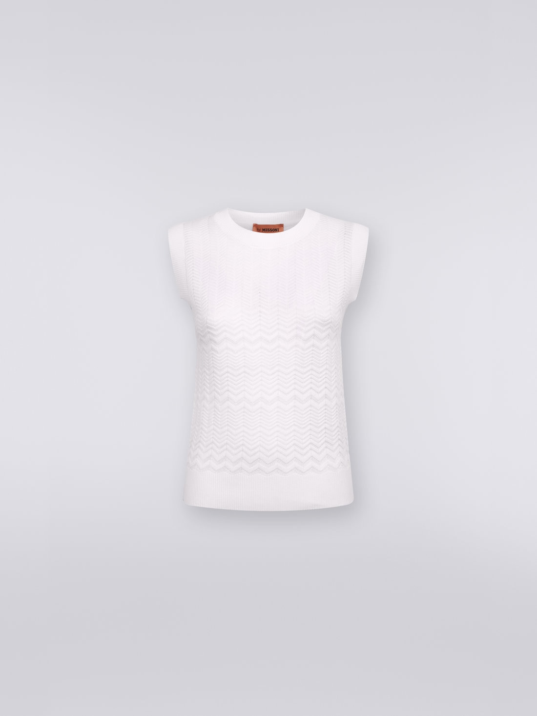 Top sans manches en coton et viscose avec zigzags ton sur ton, Blanc  - DS23SK2LBK023Y14001 - 0