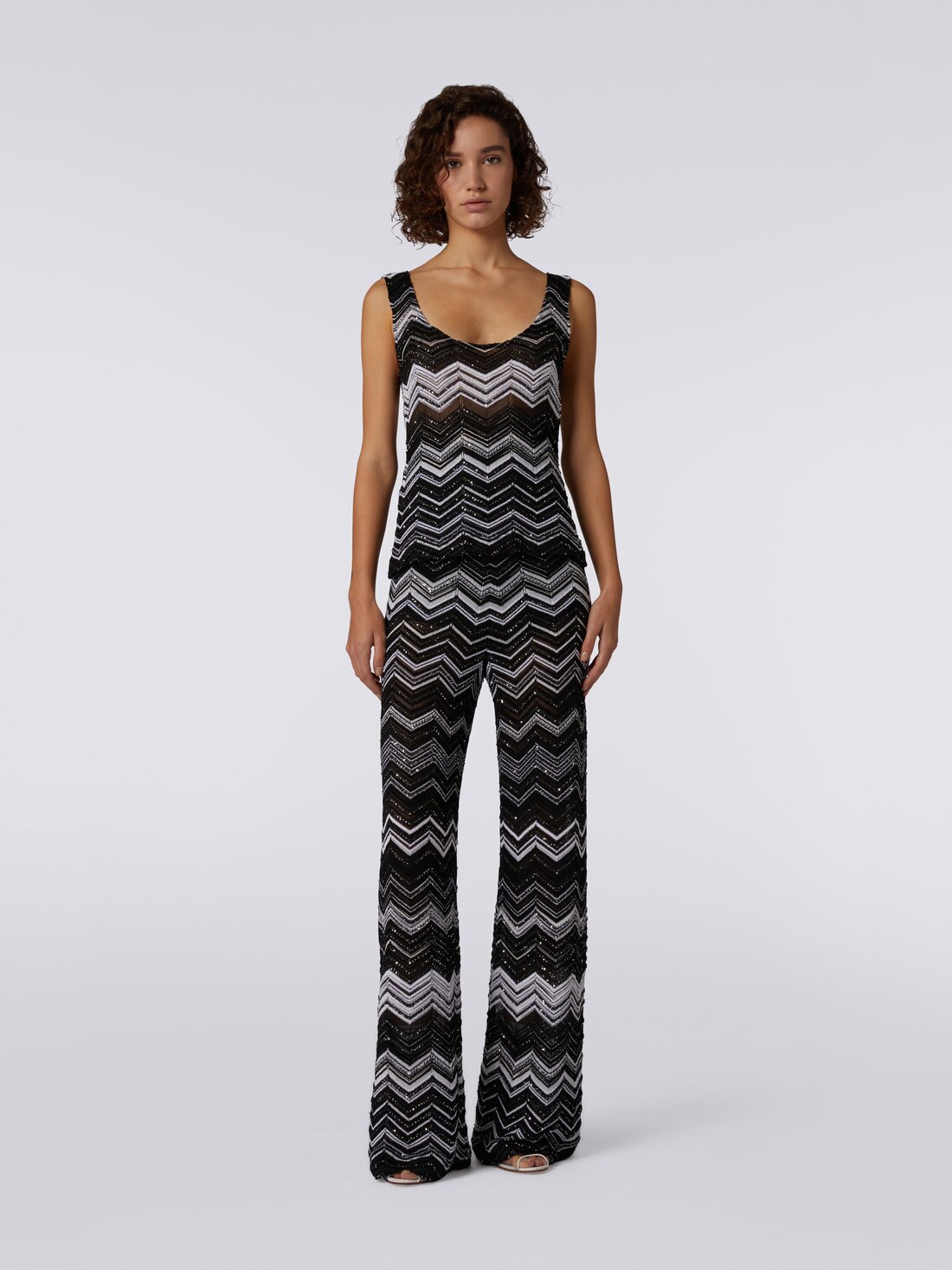 Débardeur à chevrons en viscose avec paillettes, Noir & Blanc - DS23SK3KBK026BS91FX - 1