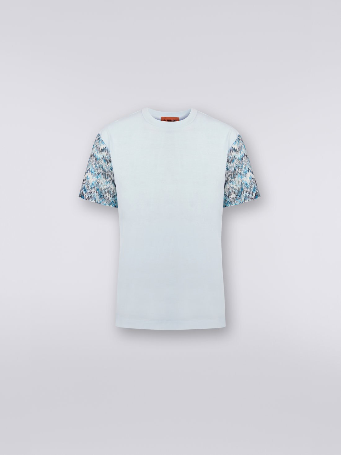 T-shirt girocollo in cotone con inserti in maglia, Celeste - 8051575752391 - 0