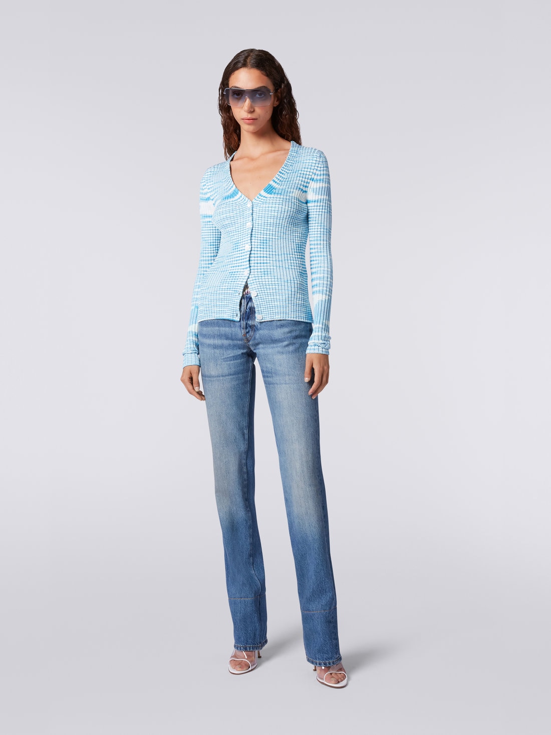 Gerippter Cardigan aus Viskosemischgewebe in Flammgarnoptik, Türkis, Himmelblau & Weiß - DS23SM00BK020HF705H - 1