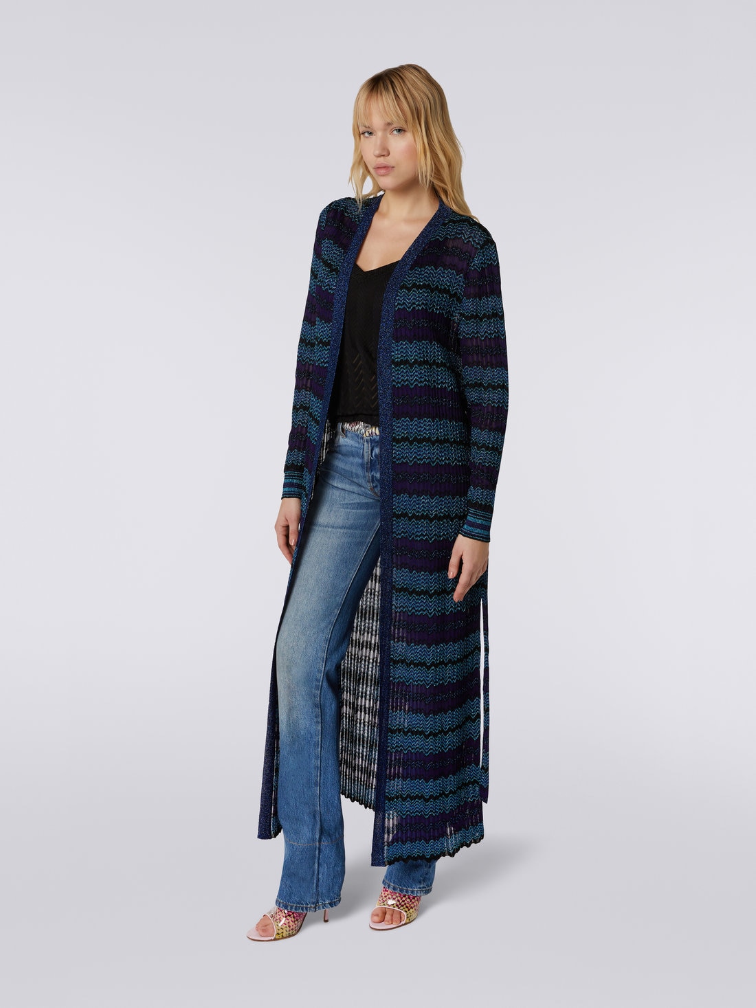 Long cardigan en tricot de viscose m lang avec ceinture Bleu