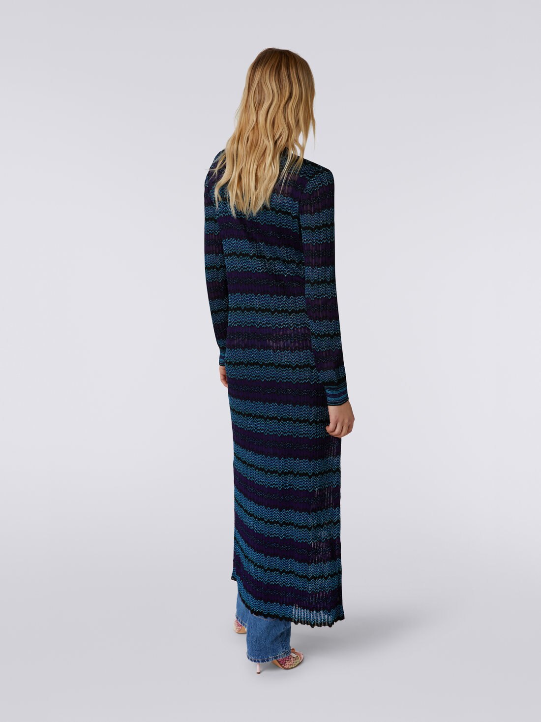 Long viscose blend knit cardigan with belt, Blue, Turquoise & Black - 8051575714184 - 3