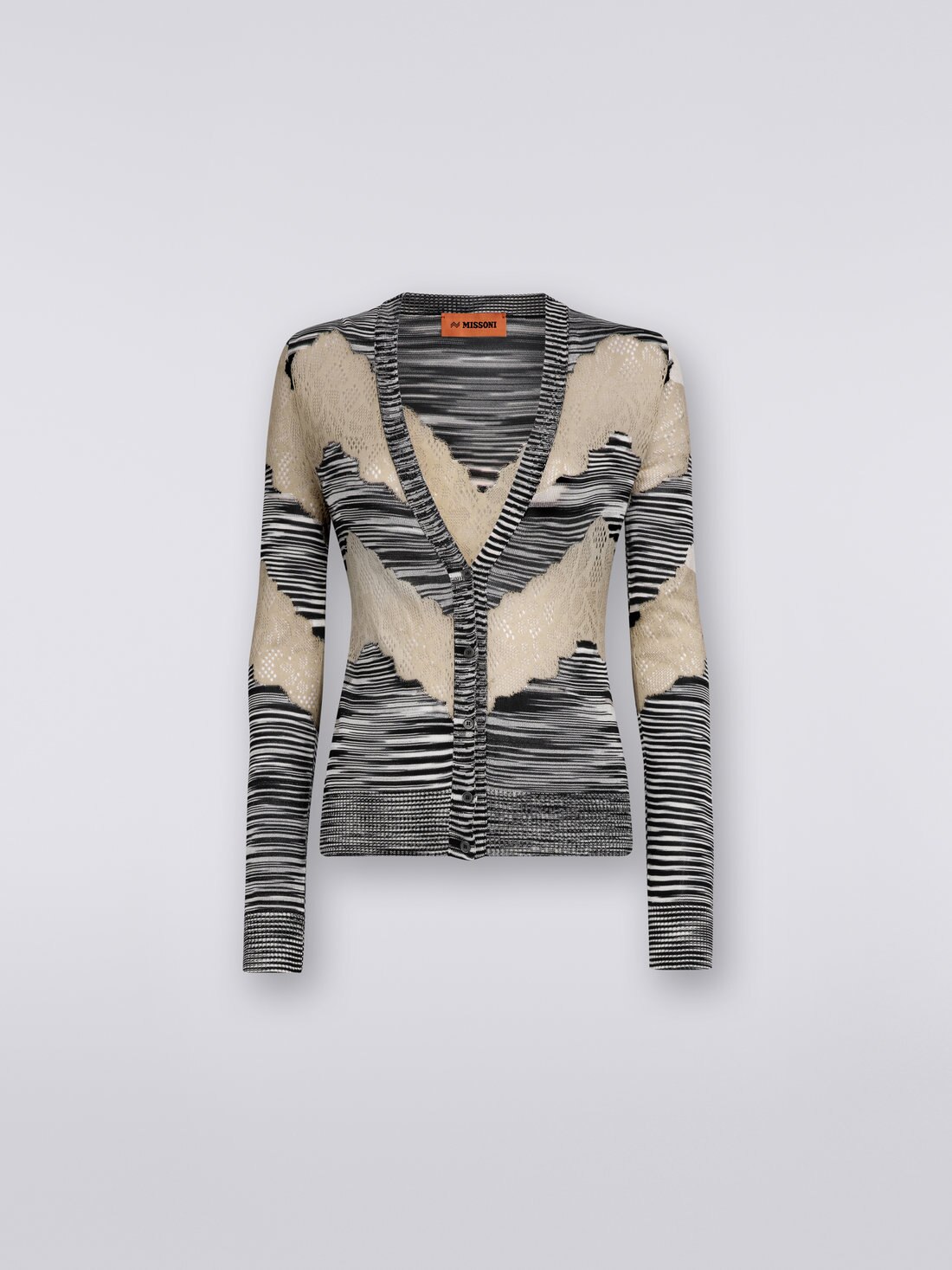 Cardigan aus Viskose und Baumwolle in Flammgarnoptik mit Spitzeneinsätzen, Weiß, Schwarz & Beige - 8051575721168 - 0