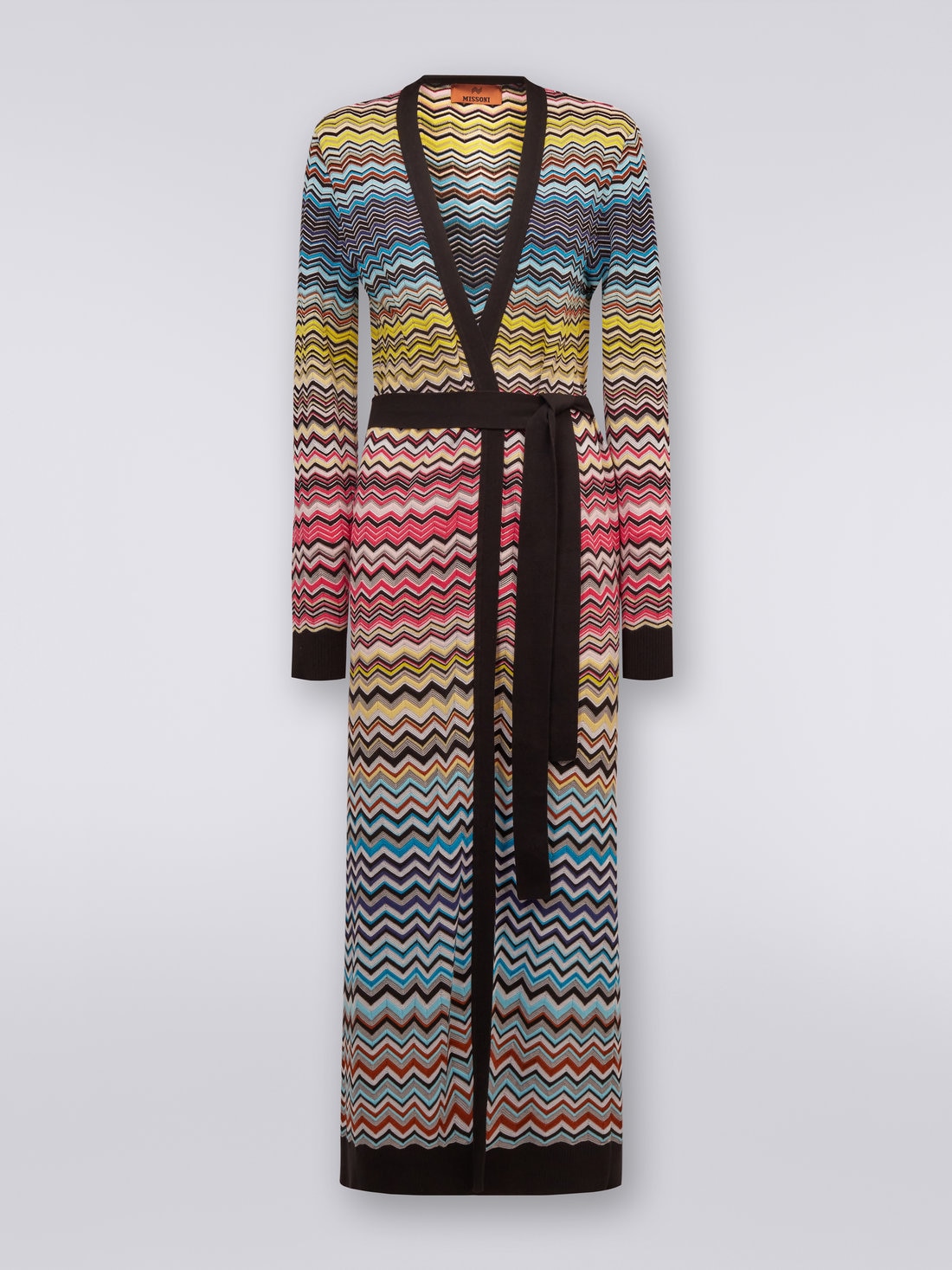 Long cotton and viscose chevron cardigan with belt, Multicoloured - DS23SM0XBK022HSM8NH - 0