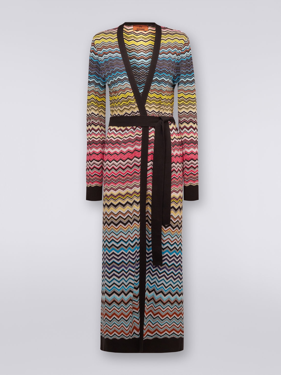 Cardigan long en coton et viscose à chevrons avec ceinture, Multicolore  - DS23SM0XBK022HSM8NH - 0