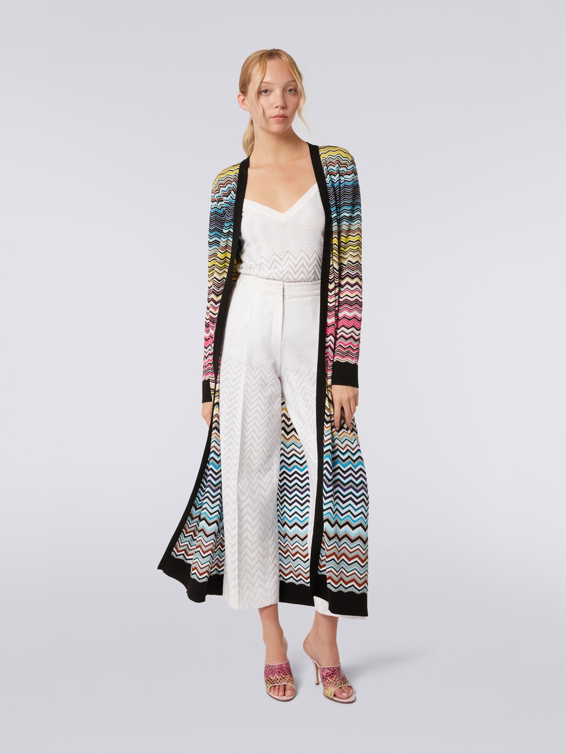Long cotton and viscose chevron cardigan with belt, Multicoloured - DS23SM0XBK022HSM8NH - 1
