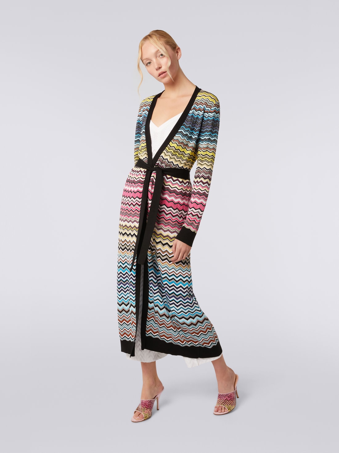 Long cotton and viscose chevron cardigan with belt, Multicoloured - 2