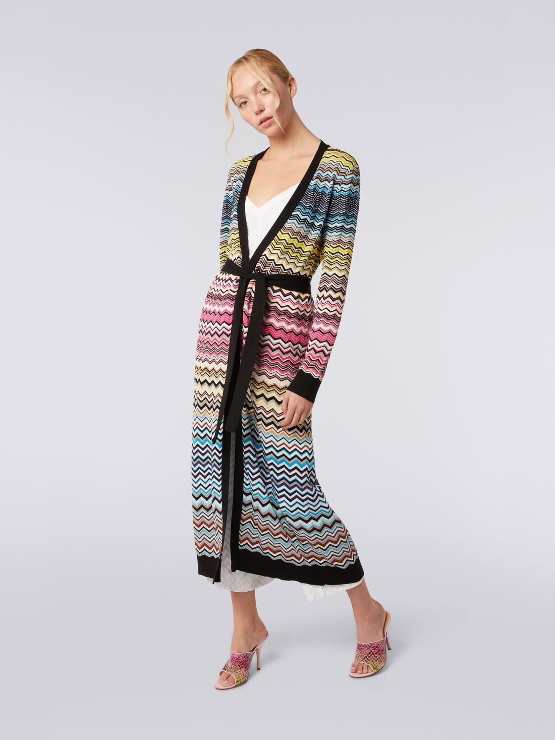 Cardigan long en coton et viscose à chevrons avec ceinture, Multicolore  - DS23SM0XBK022HSM8NH - 2