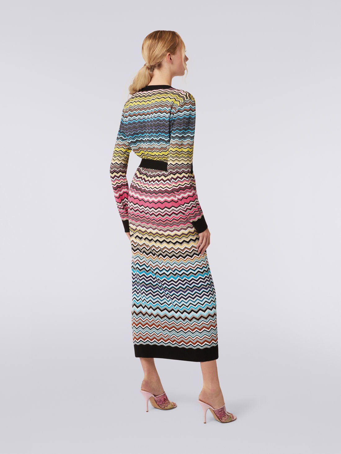 Long cotton and viscose chevron cardigan with belt, Multicoloured - 3