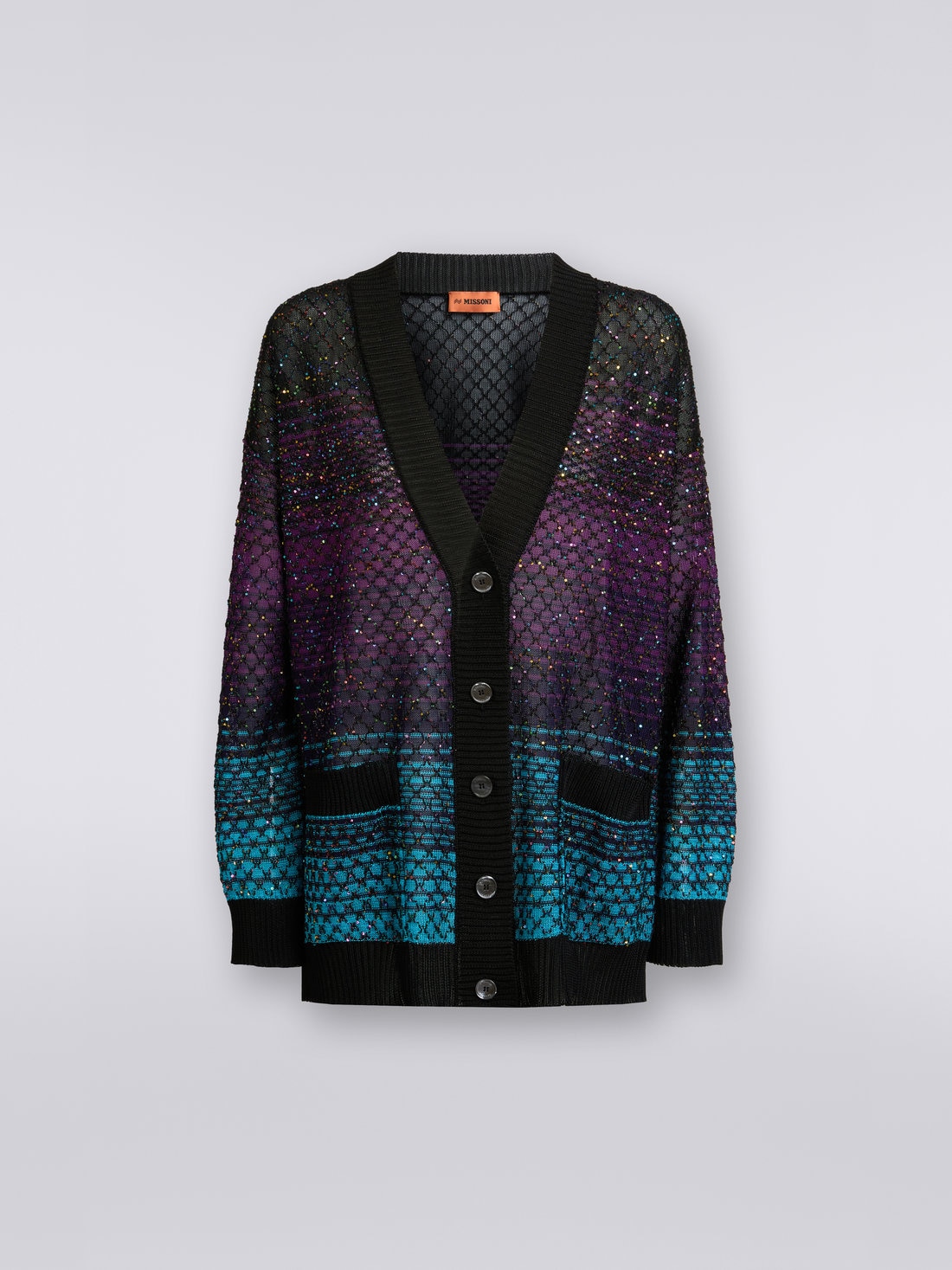 Oversized loose-knit cardigan with sequins, Turquoise, Purple & Black - DS23SM0ZBK022ISM8NJ - 0