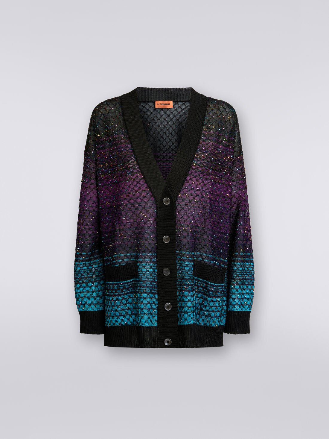 Cardigan oversize en filet avec paillettes, Turquoise, Violet & Noir - DS23SM0ZBK022ISM8NJ - 0