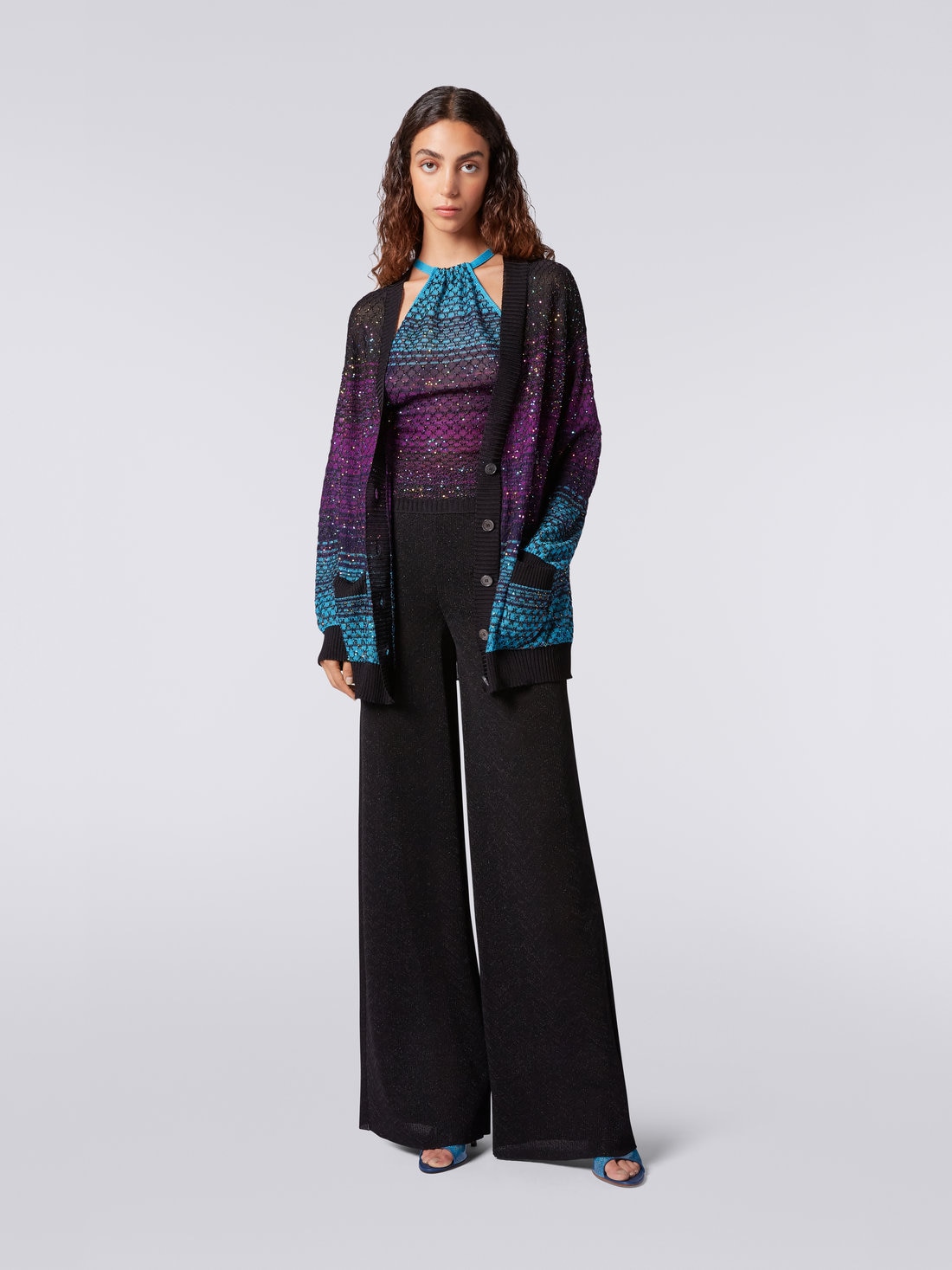 Oversized loose-knit cardigan with sequins, Turquoise, Purple & Black - DS23SM0ZBK022ISM8NJ - 1