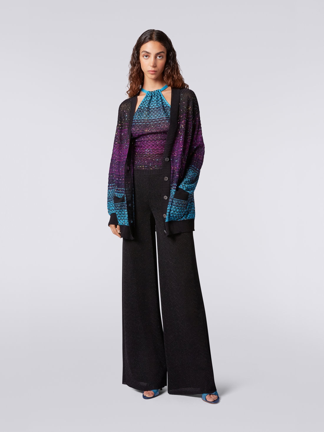 Cardigan oversize en filet avec paillettes, Turquoise, Violet & Noir - DS23SM0ZBK022ISM8NJ - 1