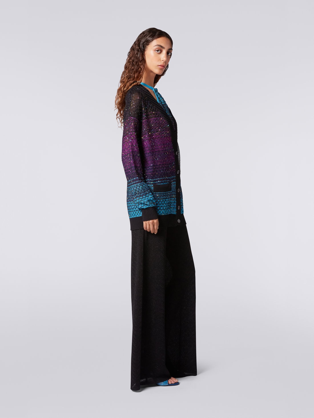 Oversized loose-knit cardigan with sequins, Turquoise, Purple & Black - 2