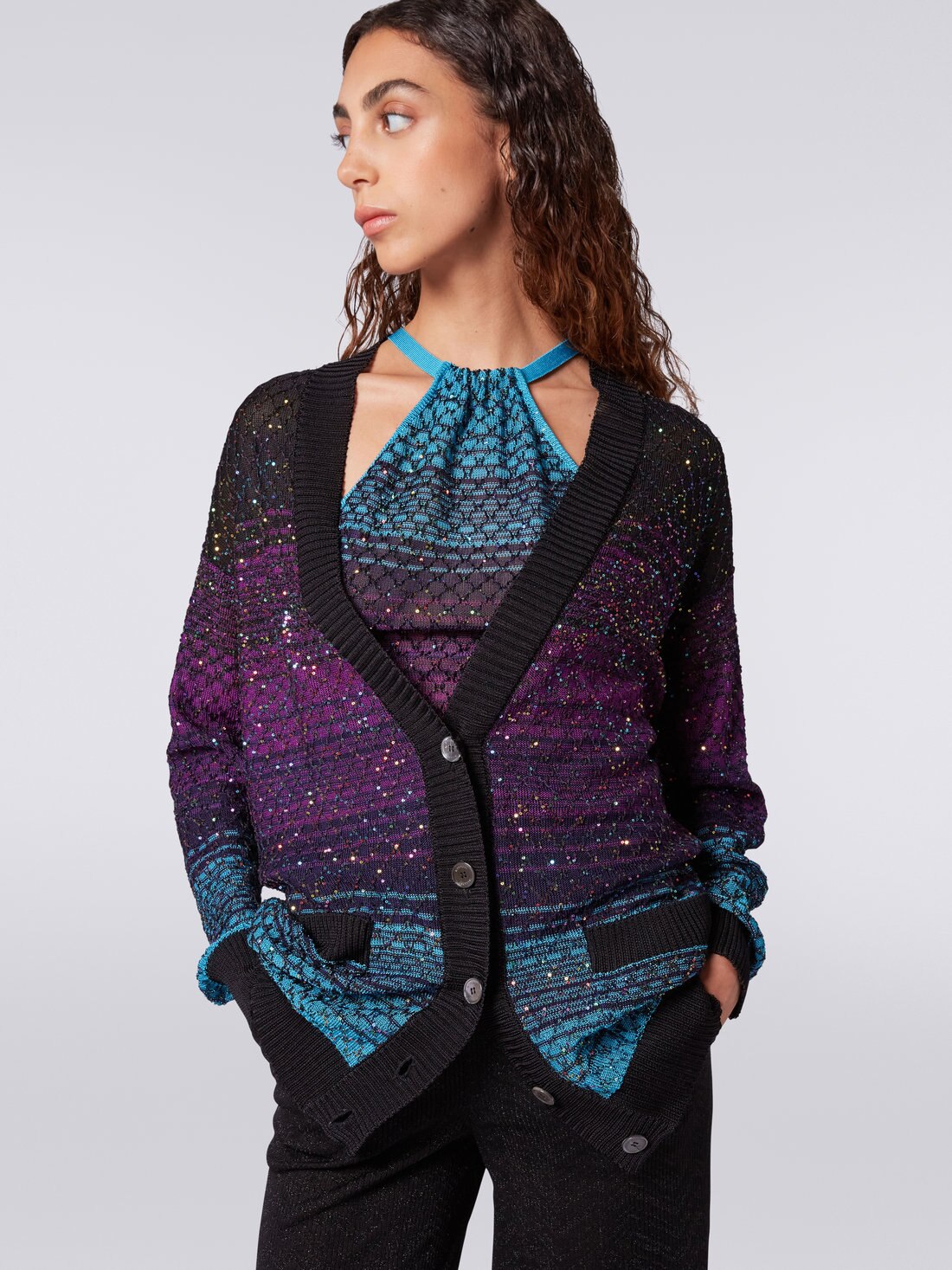 Cardigan oversize en filet avec paillettes, Turquoise, Violet & Noir - DS23SM0ZBK022ISM8NJ - 4