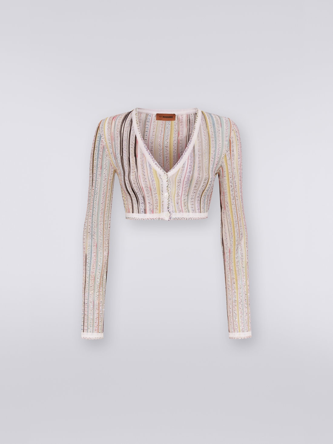 Cardigan crop à côtes flexage avec paillettes, Blanc & Multicolore   - DS23SM11BK021NS0178 - 0