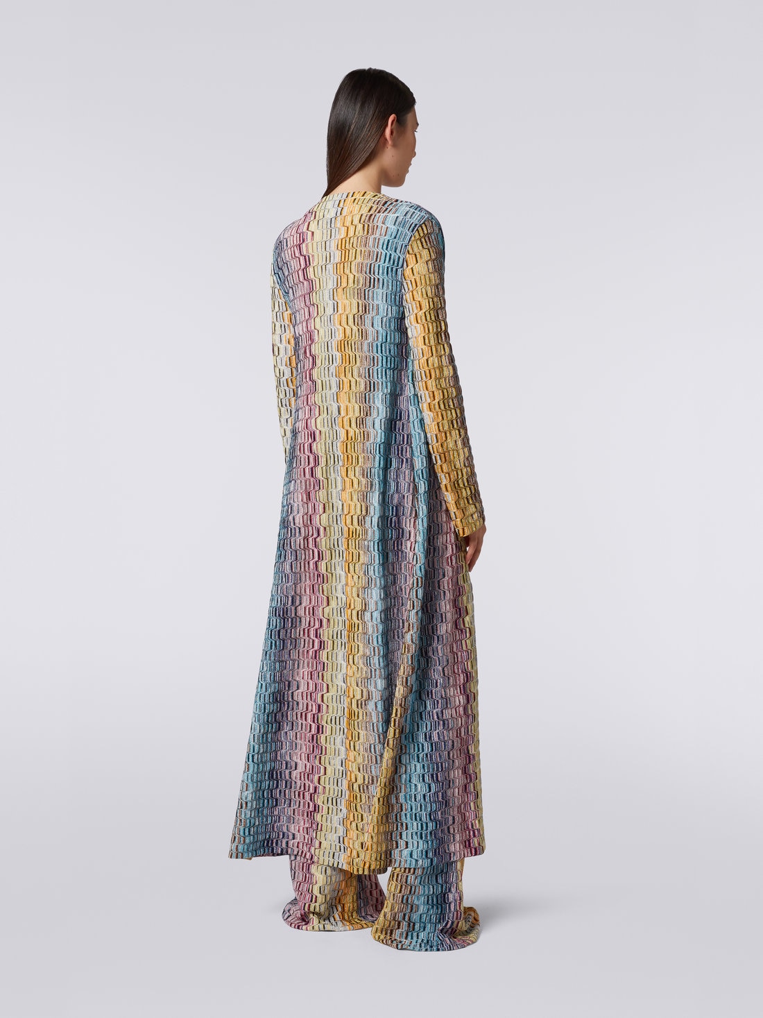 Long cardigan with multicoloured lamé Greek fret motif