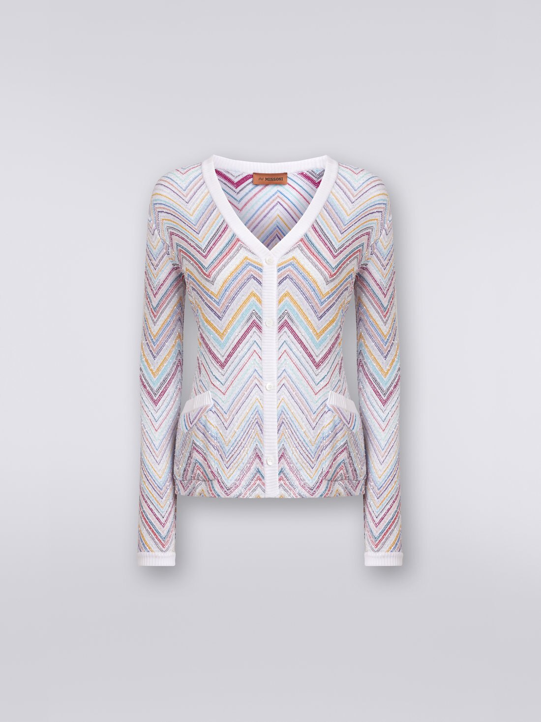 Cardigan à chevrons en coton mélangé avec paillettes, Multicolore  - DS23SM1FBC002USM8LU - 0