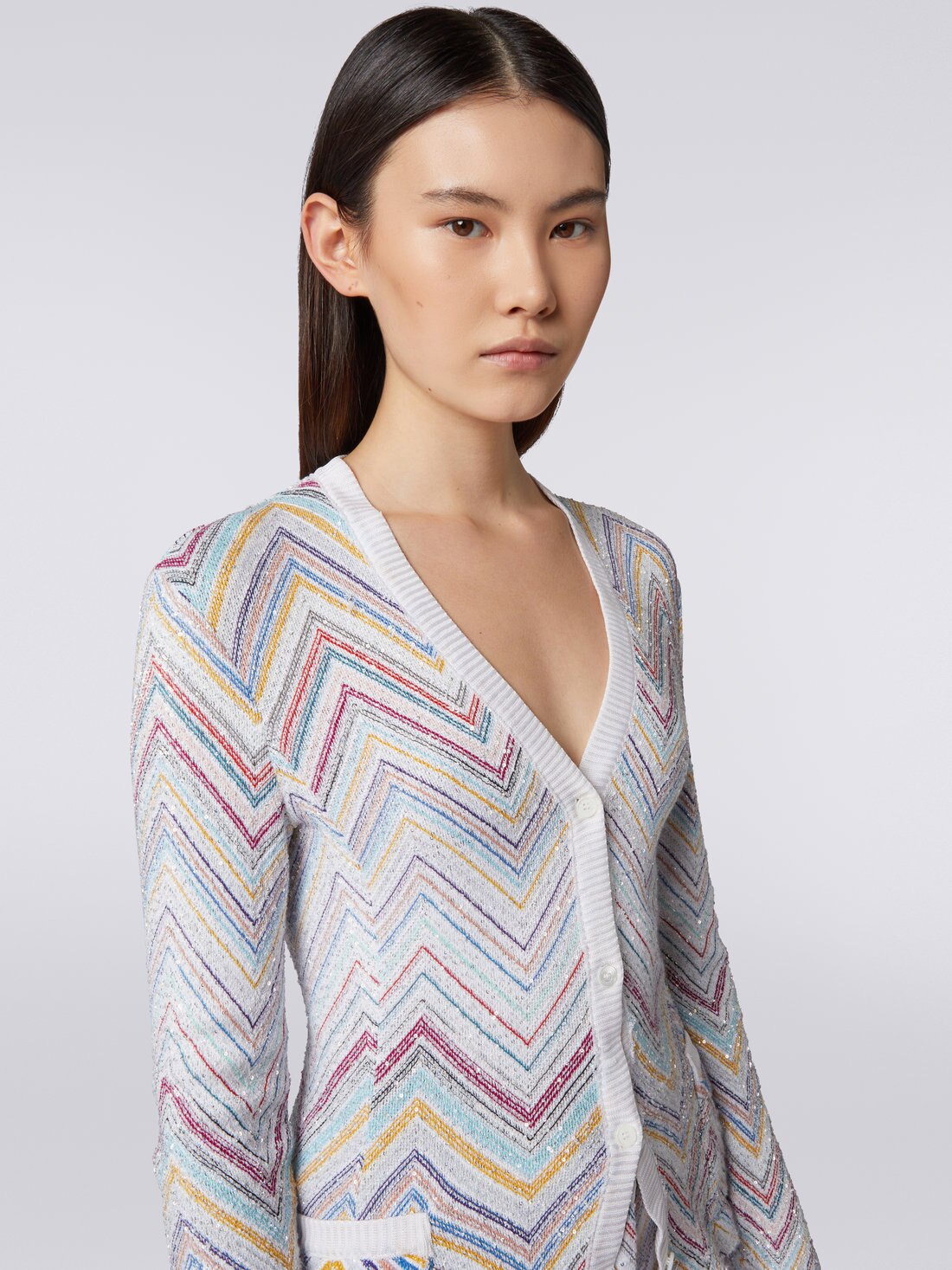 Cardigan à chevrons en coton mélangé avec paillettes, Multicolore  - DS23SM1FBC002USM8LU - 4